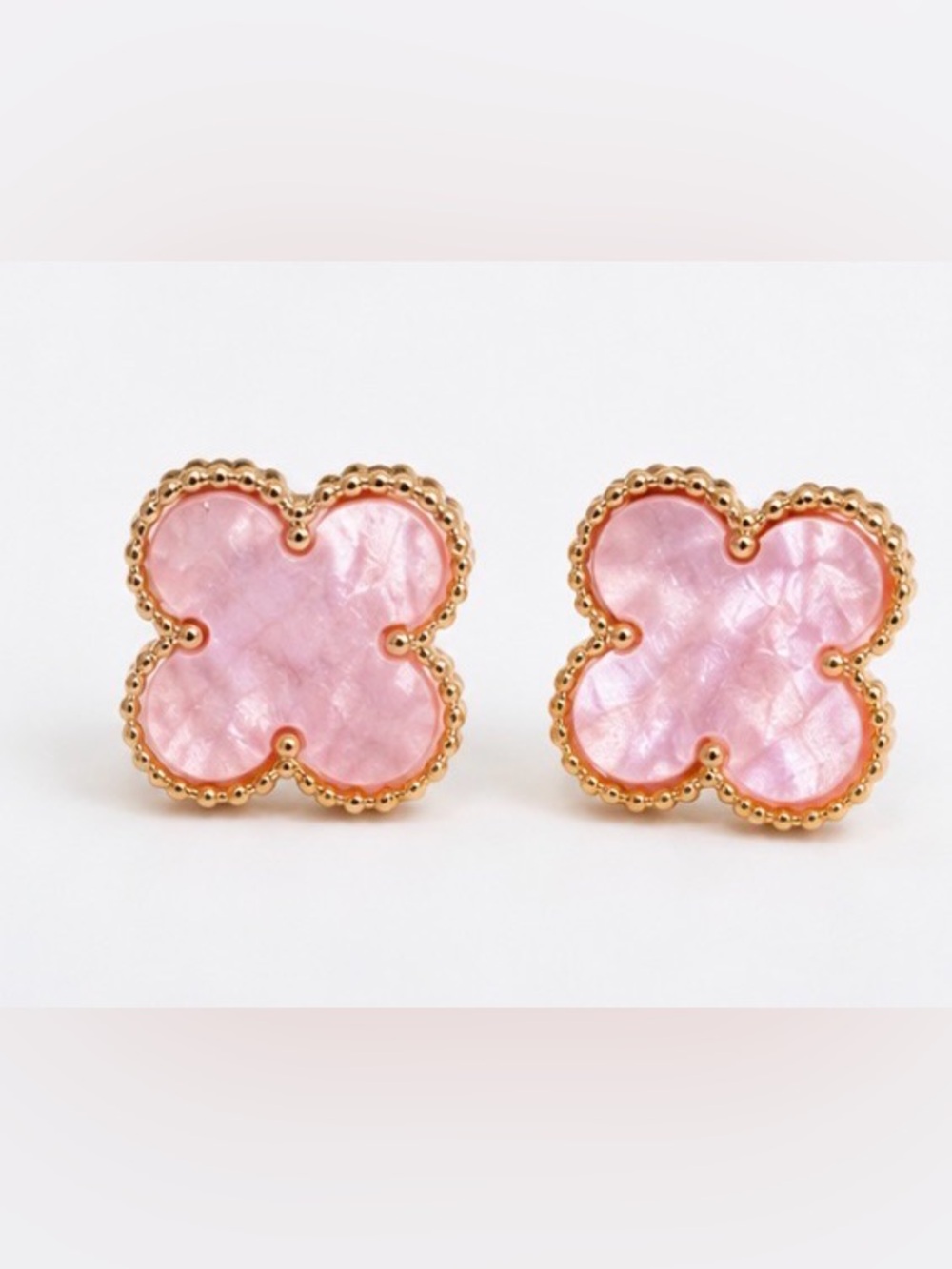 Pink Clover Stud Earrings Gold Tone Mother of Pearl Inspired Earrings